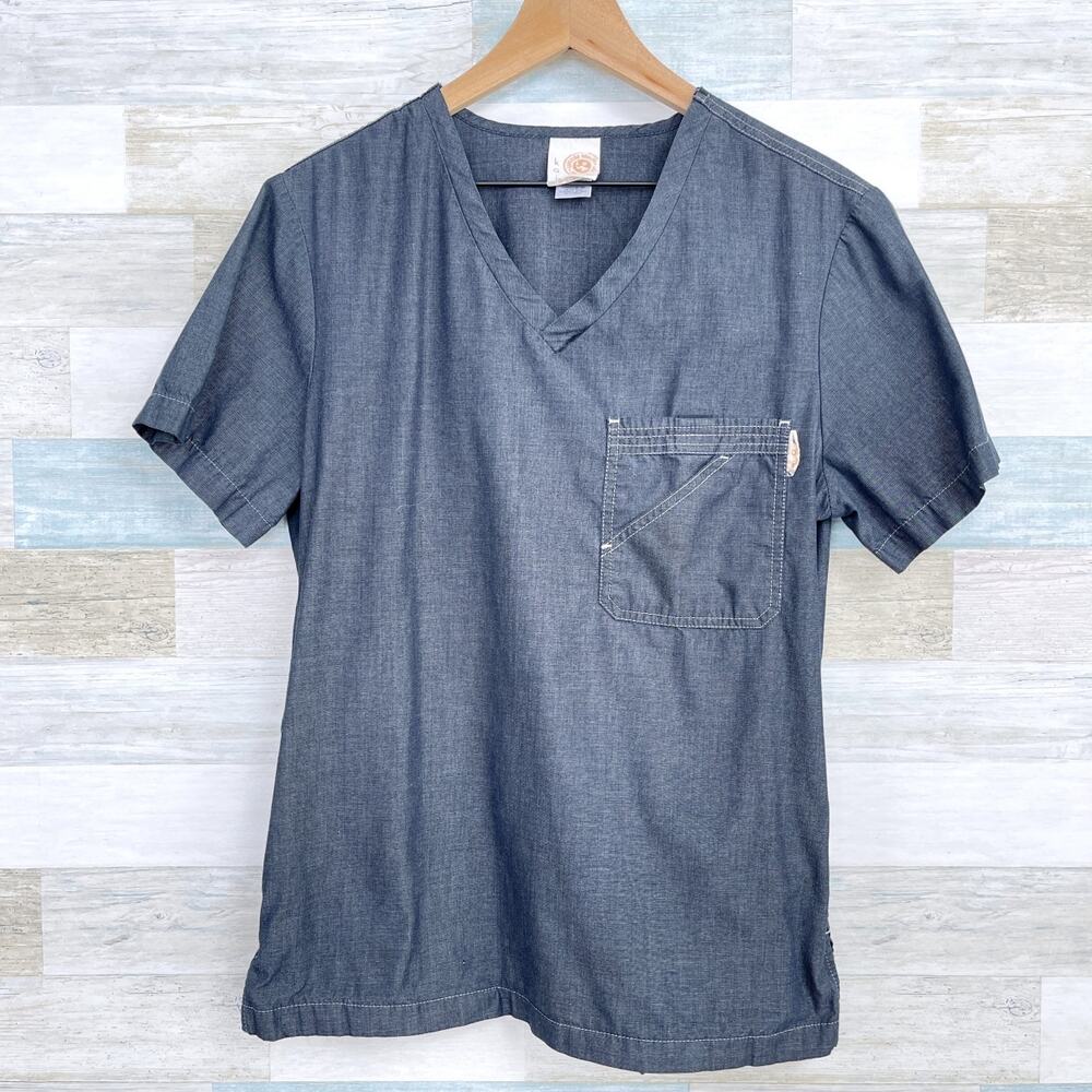 Koi Chambray V Neck Scrub Top Gray Chest Pocket Nursing Medical Womens Small